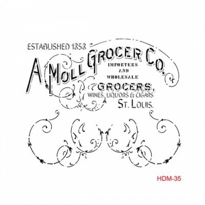 Design decorativo em preto e branco com texto de empresa de mercearia e código HDM-35