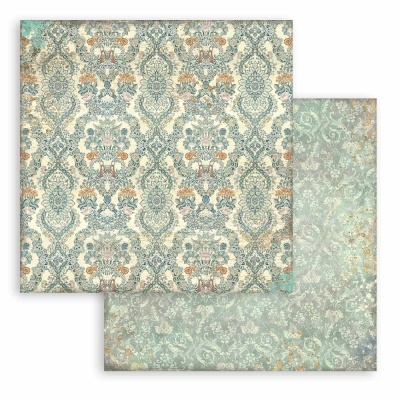 Papel decorativo vintage com padrões florais e arabescos em tons creme, azul e castanho