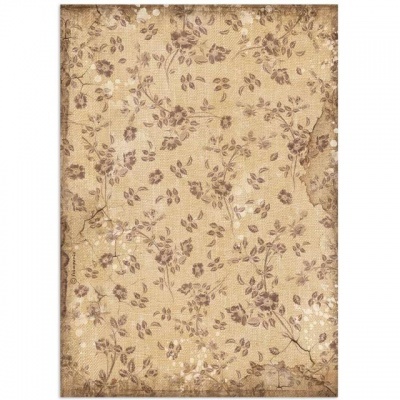 Papel de parede floral bege e castanho com textura envelhecida