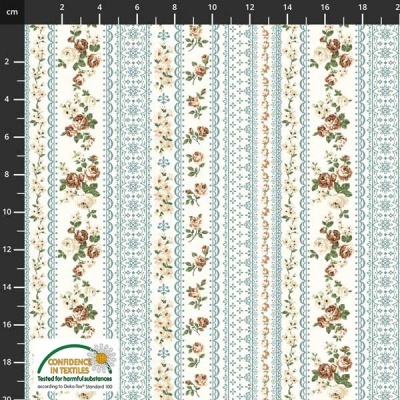 Tecido com padrão floral em faixas verticais e medida em centímetros