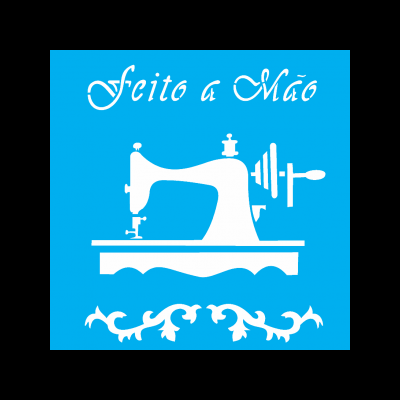 Desenho de máquina de costura antiga branca com texto 'Feito a Mão' e ornamento decorativo em fundo azul