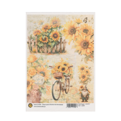 Papel de decoupage com estampas de girassóis, bicicleta e flores