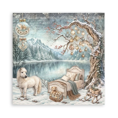 Ilustração de inverno com cavalo branco, cama vintage, árvore decorada e paisagem de montanhas e lago