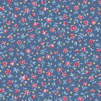 Padrão floral com flores vermelhas, rosas e folhas azuis sobre fundo azul