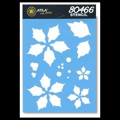 Stencil azul com padrões de folhas branca, embalagem com etiqueta preta e amarela