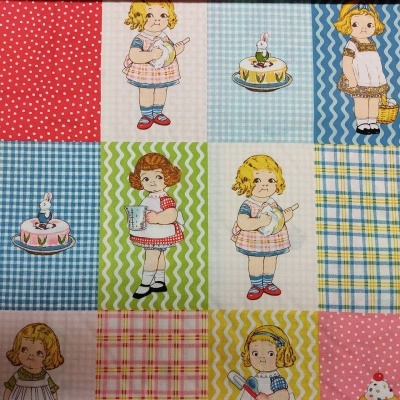 Tecido com padrão xadrez e ilustrações vintage de meninas e doces em várias cores