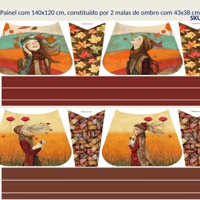 Painel com 2 malas de ombro ilustradas com raparigas e elementos da natureza em tons laranja e castanho.
