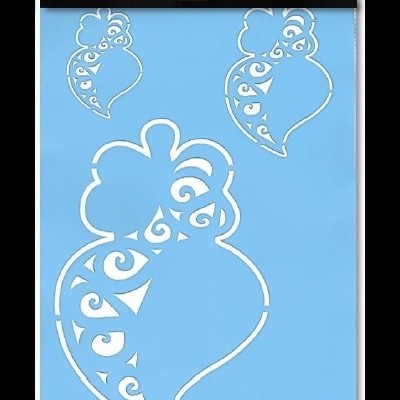 Stencil azul decorativo com padrões em branco e embalagem preta com texto