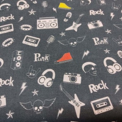 Tecido com padrão musical rock e punk em várias cores