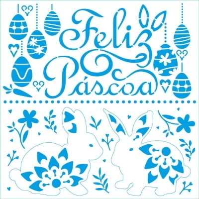 Decoração de Páscoa com texto, coelhos e ovos azuis em fundo branco