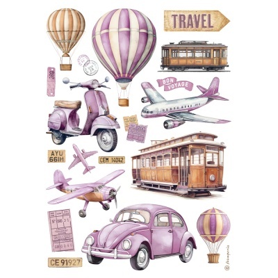 Ilustração de meios de transporte vintage e itens de viagem em lilás e bege