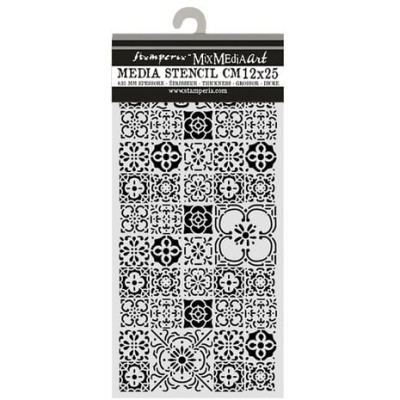 Stencil decorativo preto e branco em embalagem plástica com cabeçalho