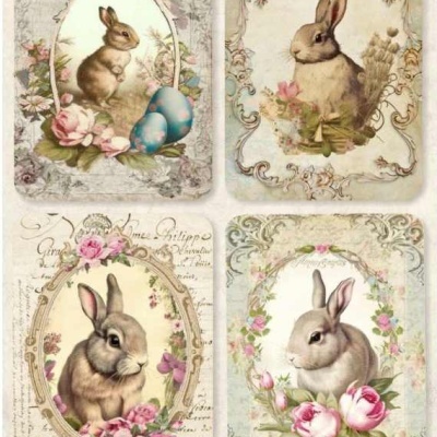Quatro cartões vintage com ilustrações de coelhos e flores