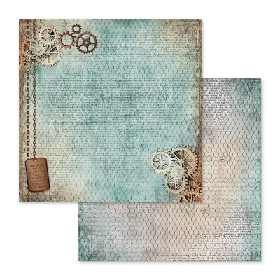 Papel decorativo vintage azul e bege com engrenagens e texto