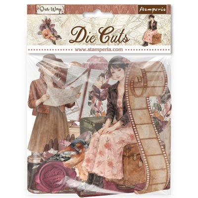Conjunto de recortes Die Cuts com figuras vintage e elementos de viagem em embalagem plástica.