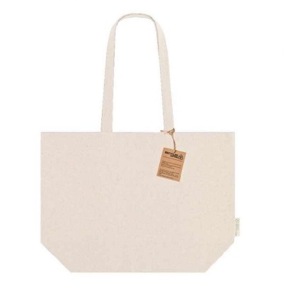 Mala tote bag de tecido cru com alças finas e etiqueta castanha