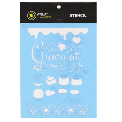 Stencil ATILA com recortes de chocolate e decoração em azul e branco