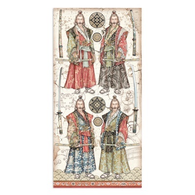 Tapete ou pano decorativo com quatro figuras tradicionais asiáticas e elementos geométricos e armas antigas