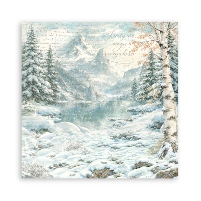 Quadro decorativo de paisagem de inverno com neve, árvores e montanhas