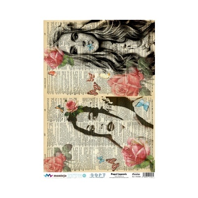 Folha decorativa com ilustração de dois rostos femininos e flores sobre página de dicionário