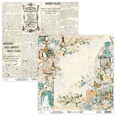 Papel de scrapbooking vintage com moldura floral, gaiolas e texto de jornal