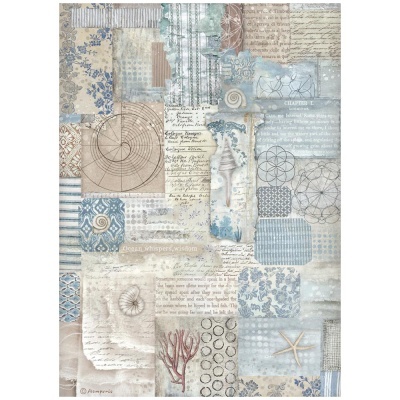 Papel com padrões variados em azul, bege e branco com desenhos marinhos e texto