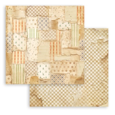 Papel de parede decorativo com padrão patchwork em tons envelhecidos.