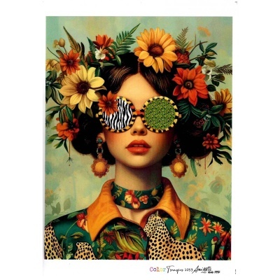 Retrato ilustrado de mulher com óculos de sol e flores no cabelo