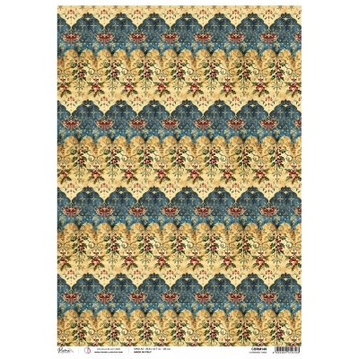 Papel de parede floral padrão clássico em azul, bege, vermelho e verde.