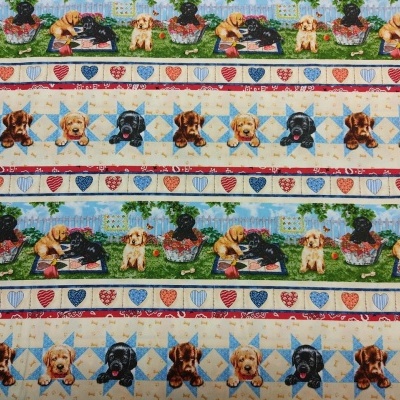 Estampa de tecido com cães de várias raças e padrões geométricos coloridos