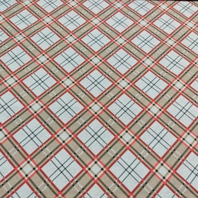 Tecido com padrão xadrez em bege, vermelho, preto e branco