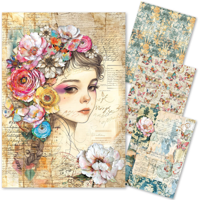 Folhas decorativas com padrões vintage, flores e borboletas coloridas sobre fundo branco.