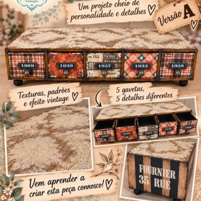 Caixa de madeira com cinco gavetas decoradas em vários padrões vintage distintos e tampo com textura floral