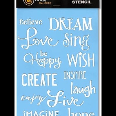 Stencil azul com palavras inspiradoras em branco para artesanato.