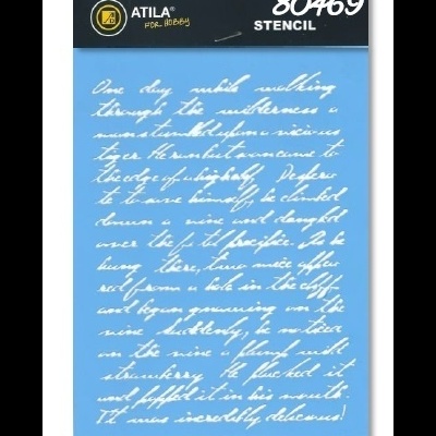 Stencil azul com texto branco manuscrito e embalagem preta com logótipo ATILA e número 80469