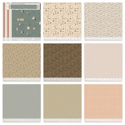 Nove padrões diferentes de tecido em cores neutras e pastel organizados em grelha.