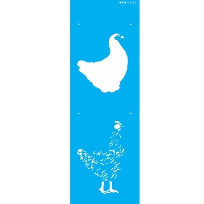 Stencil azul com duas galinhas brancas, uma silhueta simples e outra detalhada.