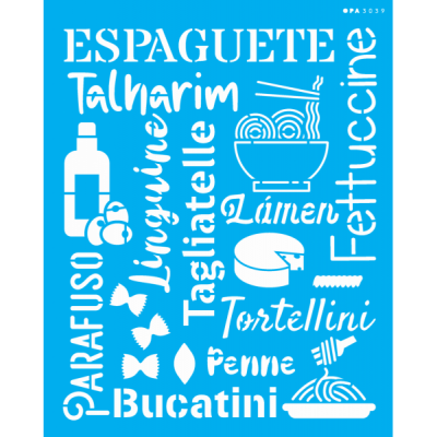 Design gráfico azul com palavras e ilustrações de massas e ingredientes em branco