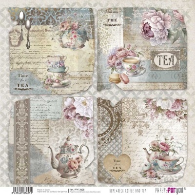 Conjunto de quatro imagens vintage com bules, chávenas e flores cor-de-rosa e texto relacionado com chá