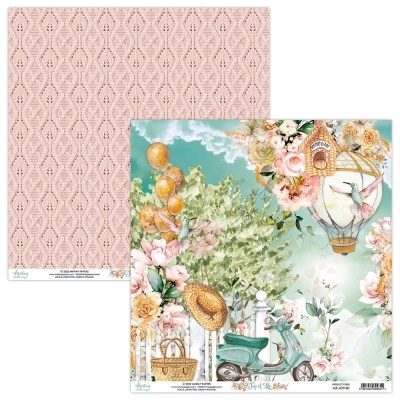 Folhas de papel decorativo para scrapbooking com padrões rosa rendado e ilustração floral colorida com balão de ar quente e vespa.