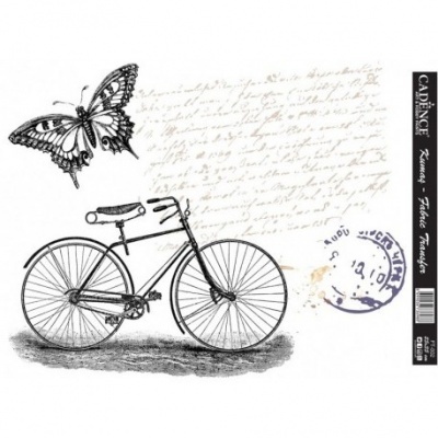 Ilustração de bicicleta antiga, borboleta e carimbo azul com texto manuscrito no fundo