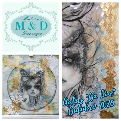 Painel decorativo com logo e pintura artística feminina com borboletas e texto sobre aulas online.