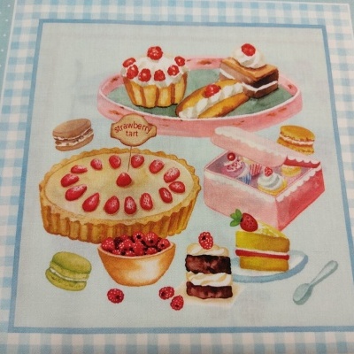 Desenho de vários doces coloridos sobre tecido branco e moldura azul xadrez