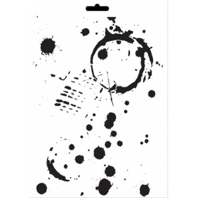 Stencil plástico transparente com padrões de manchas pretas variadas.