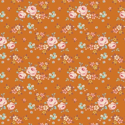 Padrão floral em papel de parede com fundo laranja e flores cor-de-rosa e amarelas
