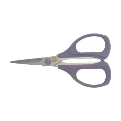 Tesoura metálica com cabo roxo isolada em fundo branco