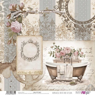 Decoração vintage com banheira antiga, flores e padrões florais em tons pastel