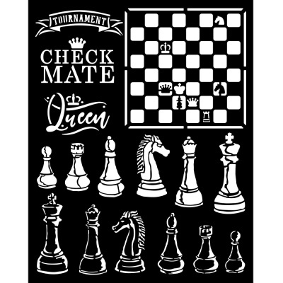 Ilustração de peças de xadrez em preto e branco com tabuleiro e texto 'TOURNAMENT CHECK MATE Queen'