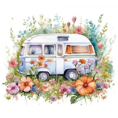 Ilustração aguarela de caravana branca com flores coloridas