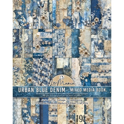 Capa do livro de artesanato urbano 'Urban Blue Denim Mixed Media Book' com padrões azuis e bege